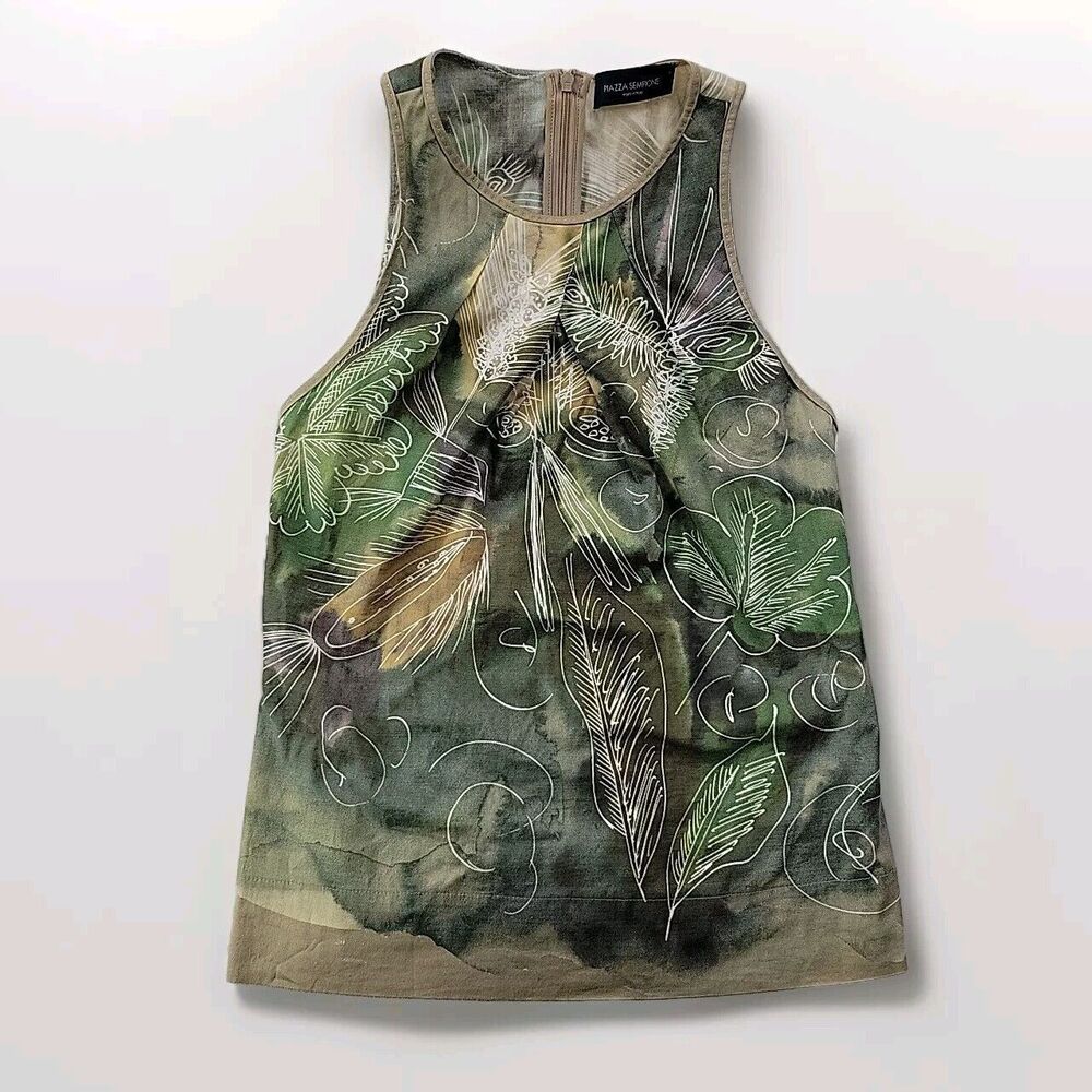 Piazza Sempione Women XS Sleeveless Green Print Stretch Blouse Designer Italy